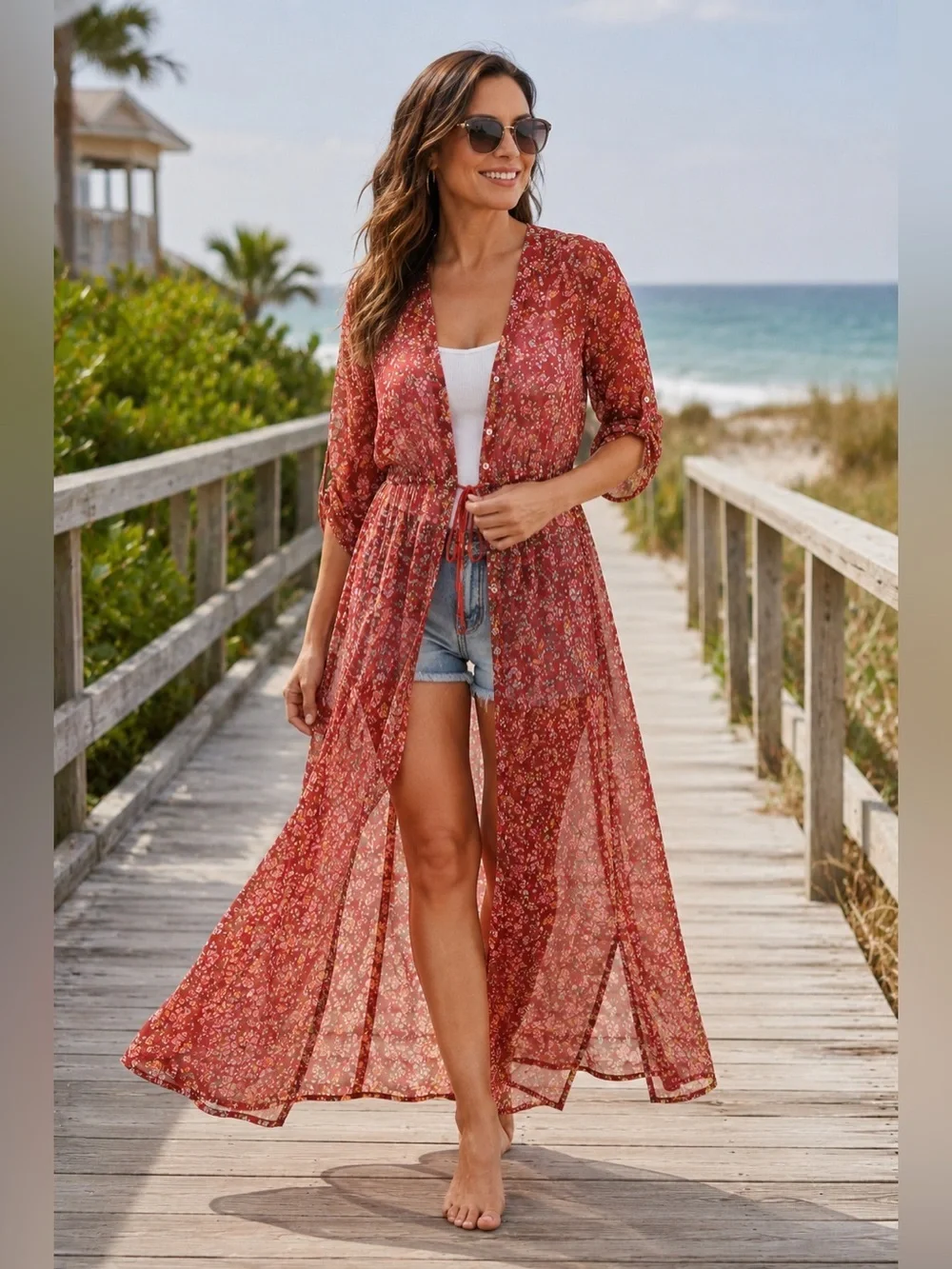Red Floral Sheer Maxi Dress Boho Beach Cover-Up Tie Waist Size L